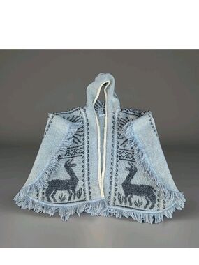 Vintage Alpacas Llamas Wool Cape Poncho Hooded Boho Unisex Fringe Tribal Sun
